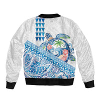 Hawaiian Abstract Sea Turtle Sleeve Zip Bomber Jacket Polynesian Tapa Art and Kakau Tattoo White WaterColor - Polynesian Pride