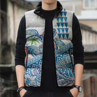 Hawaiian Abstract Sea Turtle Sleeveless Puffer Jacket Polynesian Tapa Art and Kakau Tattoo White WaterColor - Polynesian Pride