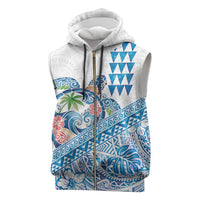 Hawaiian Abstract Sea Turtle Sleeveless Zip Hoodie Polynesian Tapa Art and Kakau Tattoo White WaterColor - Polynesian Pride