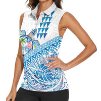 Hawaiian Abstract Sea Turtle Women Sleeveless Polo Shirt Polynesian Tapa Art and Kakau Tattoo White WaterColor - Polynesian Pride