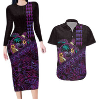 Hawaiian Abstract Sea Turtle Couples Matching Long Sleeve Bodycon Dress and Hawaiian Shirt Polynesian Tapa Art and Kakau Tattoo Purple WaterColor - Polynesian Pride
