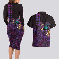Hawaiian Abstract Sea Turtle Couples Matching Long Sleeve Bodycon Dress and Hawaiian Shirt Polynesian Tapa Art and Kakau Tattoo Purple WaterColor - Polynesian Pride