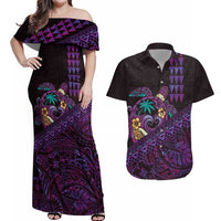 Hawaiian Abstract Sea Turtle Couples Matching Off Shoulder Maxi Dress and Hawaiian Shirt Polynesian Tapa Art and Kakau Tattoo Purple WaterColor - Polynesian Pride
