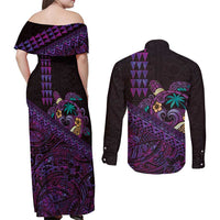 Hawaiian Abstract Sea Turtle Couples Matching Off Shoulder Maxi Dress and Long Sleeve Button Shirt Polynesian Tapa Art and Kakau Tattoo Purple WaterColor - Polynesian Pride