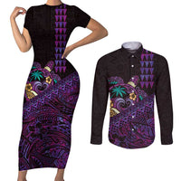 Hawaiian Abstract Sea Turtle Couples Matching Short Sleeve Bodycon Dress and Long Sleeve Button Shirt Polynesian Tapa Art and Kakau Tattoo Purple WaterColor - Polynesian Pride
