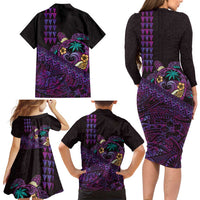 Hawaiian Abstract Sea Turtle Family Matching Long Sleeve Bodycon Dress and Hawaiian Shirt Polynesian Tapa Art and Kakau Tattoo Purple WaterColor - Polynesian Pride