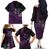 Hawaiian Abstract Sea Turtle Family Matching Off The Shoulder Long Sleeve Dress and Hawaiian Shirt Polynesian Tapa Art and Kakau Tattoo Purple WaterColor - Polynesian Pride