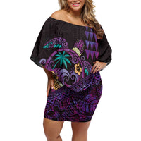 Hawaiian Abstract Sea Turtle Family Matching Off Shoulder Short Dress and Hawaiian Shirt Polynesian Tapa Art and Kakau Tattoo Purple WaterColor - Polynesian Pride