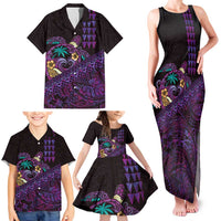 Hawaiian Abstract Sea Turtle Family Matching Tank Maxi Dress and Hawaiian Shirt Polynesian Tapa Art and Kakau Tattoo Purple WaterColor - Polynesian Pride
