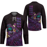 Hawaiian Abstract Sea Turtle Hockey Jersey Polynesian Tapa Art and Kakau Tattoo Purple WaterColor - Polynesian Pride