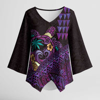 Hawaiian Abstract Sea Turtle Kimono Sleeve Blouse Polynesian Tapa Art and Kakau Tattoo Purple WaterColor - Polynesian Pride