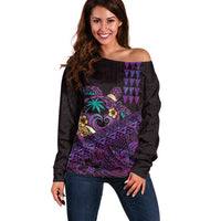 Hawaiian Abstract Sea Turtle Off Shoulder Sweater Polynesian Tapa Art and Kakau Tattoo Purple WaterColor - Polynesian Pride