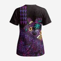 Hawaiian Abstract Sea Turtle Scrub Top Polynesian Tapa Art and Kakau Tattoo Purple WaterColor - Polynesian Pride