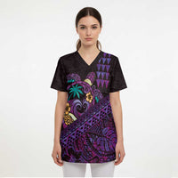 Hawaiian Abstract Sea Turtle Scrub Top Polynesian Tapa Art and Kakau Tattoo Purple WaterColor - Polynesian Pride