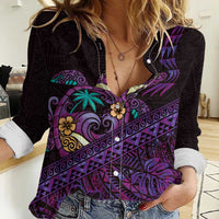 Hawaiian Abstract Sea Turtle Women Casual Shirt Polynesian Tapa Art and Kakau Tattoo Purple WaterColor - Polynesian Pride