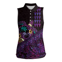 Hawaiian Abstract Sea Turtle Women Sleeveless Polo Shirt Polynesian Tapa Art and Kakau Tattoo Purple WaterColor - Polynesian Pride