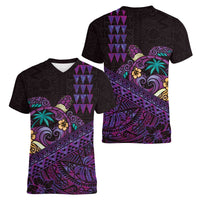 Hawaiian Abstract Sea Turtle Women V-Neck T-Shirt Polynesian Tapa Art and Kakau Tattoo Purple WaterColor - Polynesian Pride