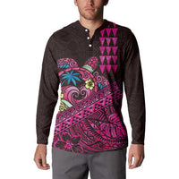 Hawaiian Abstract Sea Turtle Button Sweatshirt Polynesian Tapa Art and Kakau Tattoo Pink WaterColor - Polynesian Pride