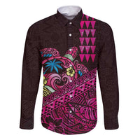 Hawaiian Abstract Sea Turtle Family Matching Off Shoulder Maxi Dress and Hawaiian Shirt Polynesian Tapa Art and Kakau Tattoo Pink WaterColor - Polynesian Pride