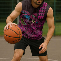 Hawaiian Abstract Sea Turtle Sleeveless Hoodie Polynesian Tapa Art and Kakau Tattoo Pink WaterColor - Polynesian Pride