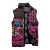 Hawaiian Abstract Sea Turtle Sleeveless Puffer Jacket Polynesian Tapa Art and Kakau Tattoo Pink WaterColor - Polynesian Pride