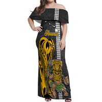 Hawaii Island Off Shoulder Maxi Dress Hawaiian Warrior and Kakau Symbols Abstract Tattoo LT03 Women Yellow - Polynesian Pride