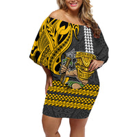 Hawaii Island Off Shoulder Short Dress Hawaiian Warrior and Kakau Symbols Abstract Tattoo LT03 Women Yellow - Polynesian Pride
