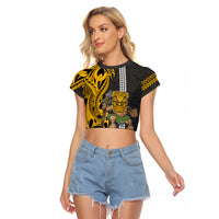 Hawaii Island Raglan Cropped T Shirt Hawaiian Warrior and Kakau Symbols Abstract Tattoo LT03 Female Yellow - Polynesian Pride