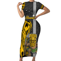 Hawaii Island Short Sleeve Bodycon Dress Hawaiian Warrior and Kakau Symbols Abstract Tattoo LT03 Long Dress Yellow - Polynesian Pride