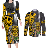 Custom Hawaii Island Couples Matching Long Sleeve Bodycon Dress and Long Sleeve Button Shirts Hawaiian Warrior and Kakau Symbols Abstract Tattoo LT03 Yellow - Polynesian Pride