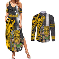 Custom Hawaii Island Couples Matching Summer Maxi Dress and Long Sleeve Button Shirts Hawaiian Warrior and Kakau Symbols Abstract Tattoo LT03 Yellow - Polynesian Pride