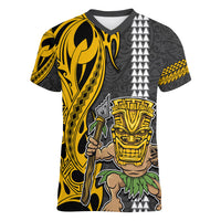 Custom Hawaii Island Women V Neck T Shirt Hawaiian Warrior and Kakau Symbols Abstract Tattoo LT03 Female Yellow - Polynesian Pride