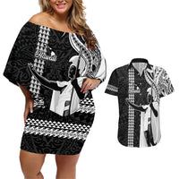 Hawaii Island Couples Matching Off Shoulder Short Dress and Hawaiian Shirt Hawaiian King and Kakau Symbols Abstract Shoulder Tattoo LT03 Black - Polynesian Pride