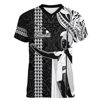 Hawaii Island Women V Neck T Shirt Hawaiian King and Kakau Symbols Abstract Shoulder Tattoo LT03 Female Black - Polynesian Pride