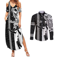 Custom Hawaii Island Couples Matching Summer Maxi Dress and Long Sleeve Button Shirts Hawaiian King and Kakau Symbols Abstract Shoulder Tattoo LT03 Black - Polynesian Pride
