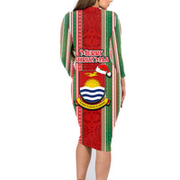 Kiribati Christmas Family Matching Long Sleeve Bodycon Dress and Hawaiian Shirt Santa With Gift Bag Behind Ribbons Seamless Red Maori LT03 - Polynesian Pride
