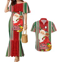 Custom Kiribati Christmas Couples Matching Mermaid Dress and Hawaiian Shirt Santa With Gift Bag Behind Ribbons Seamless Red Maori LT03 Red - Polynesian Pride