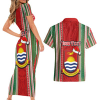 Custom Kiribati Christmas Couples Matching Short Sleeve Bodycon Dress and Hawaiian Shirt Santa With Gift Bag Behind Ribbons Seamless Red Maori LT03 - Polynesian Pride