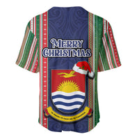 Kiribati Christmas Baseball Jersey Santa With Gift Bag Behind Ribbons Seamless Blue Maori LT03 - Polynesian Pride