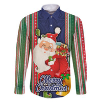 Kiribati Christmas Family Matching Summer Maxi Dress and Hawaiian Shirt Santa With Gift Bag Behind Ribbons Seamless Blue Maori LT03 Dad's Shirt - Long Sleeve Blue - Polynesian Pride