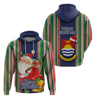 Kiribati Christmas Hoodie Santa With Gift Bag Behind Ribbons Seamless Blue Maori LT03 - Polynesian Pride