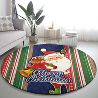 Kiribati Christmas Round Carpet Santa With Gift Bag Behind Ribbons Seamless Blue Maori LT03 - Polynesian Pride