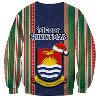 Kiribati Christmas Sweatshirt Santa With Gift Bag Behind Ribbons Seamless Blue Maori LT03 - Polynesian Pride