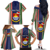 Custom Kiribati Christmas Family Matching Off Shoulder Long Sleeve Dress and Hawaiian Shirt Santa With Gift Bag Behind Ribbons Seamless Blue Maori LT03 - Polynesian Pride