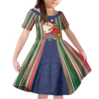 Custom Kiribati Christmas Family Matching Puletasi Dress and Hawaiian Shirt Santa With Gift Bag Behind Ribbons Seamless Blue Maori LT03 Daughter's Dress Blue - Polynesian Pride