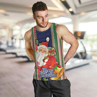 Custom Kiribati Christmas Men Tank Top Santa With Gift Bag Behind Ribbons Seamless Blue Maori LT03 - Polynesian Pride