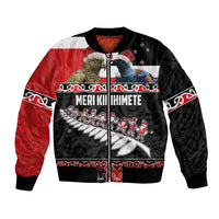 New Zealand Meri Kirihimete Bomber Jacket Christmas Tui Bird and Kea Bird - Haka Santa with Maori Koru Art Pattern
