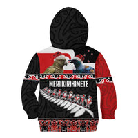 New Zealand Meri Kirihimete Kid Hoodie Christmas Tui Bird and Kea Bird - Haka Santa with Maori Koru Art Pattern