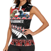 New Zealand Meri Kirihimete Women Sleeveless Polo Shirt Christmas Tui Bird and Kea Bird - Haka Santa with Maori Koru Art Pattern