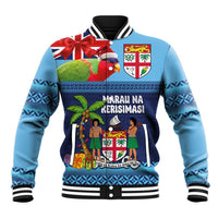 Fiji Marau na Kerisimasi Baseball Jacket Christmas Collared Lory - Fiji Emblems and Xmas Palm Tree Tapa Art Pattern LT03 Unisex Blue - Polynesian Pride